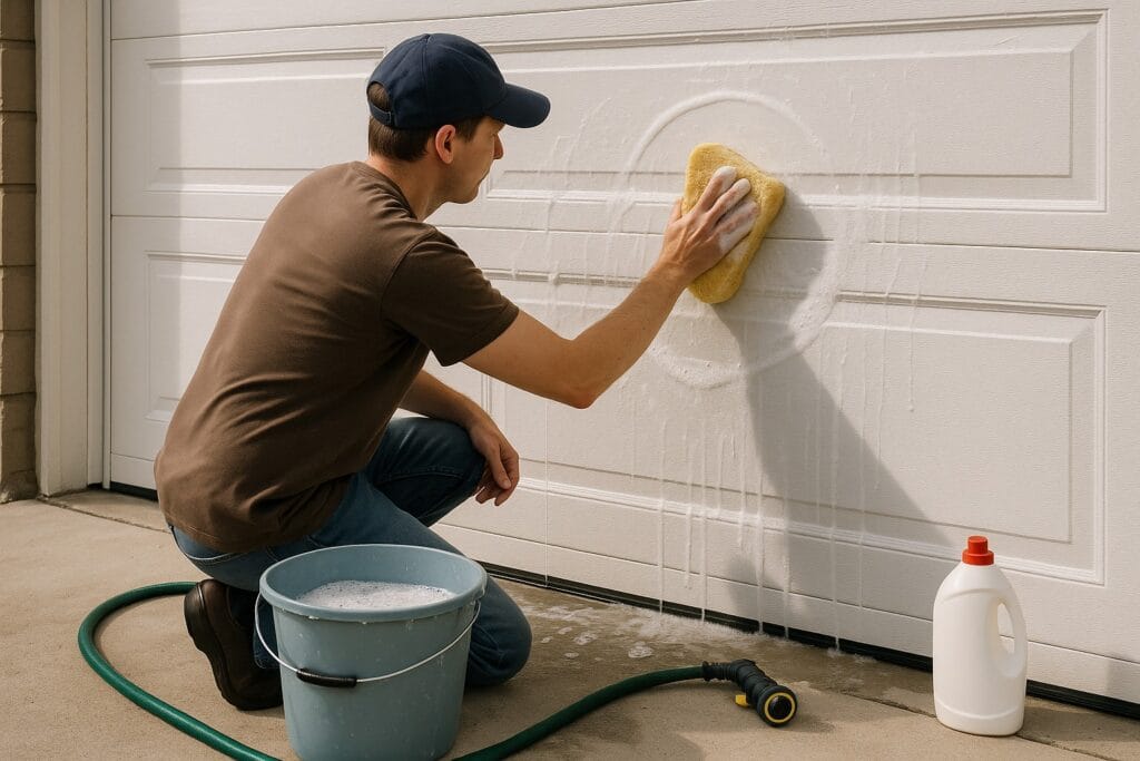 Just Moved In? Here’s How to Inspect and Maintain Your Garage Door 3 Man performing garage door maintenance by cleaning garage door panels with sponge, soap, and water.