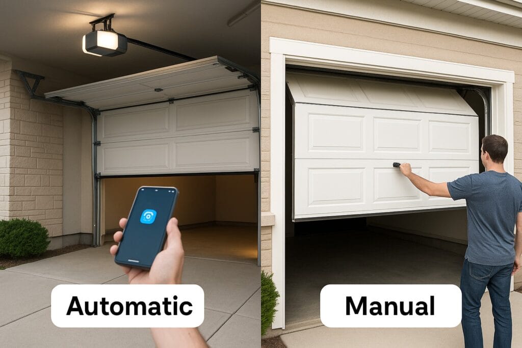 Choosing Between Automatic vs. Manual for Your New Garage Door 2 Side-by-side comparison of new garage door types: automatic operated via smartphone on the left, and manual lift operation on the right.