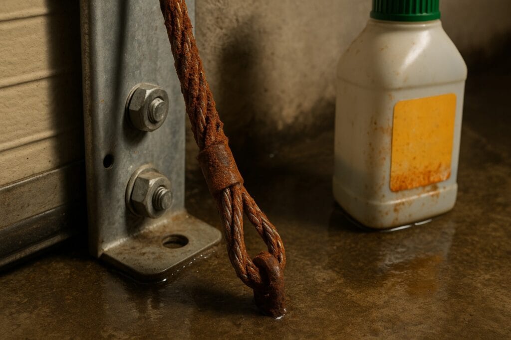 Why Rust Means You Need Garage Door Cable Replacement Soon 2 Close-up of heavily rusted garage door parts showing corroded cable and bracket.