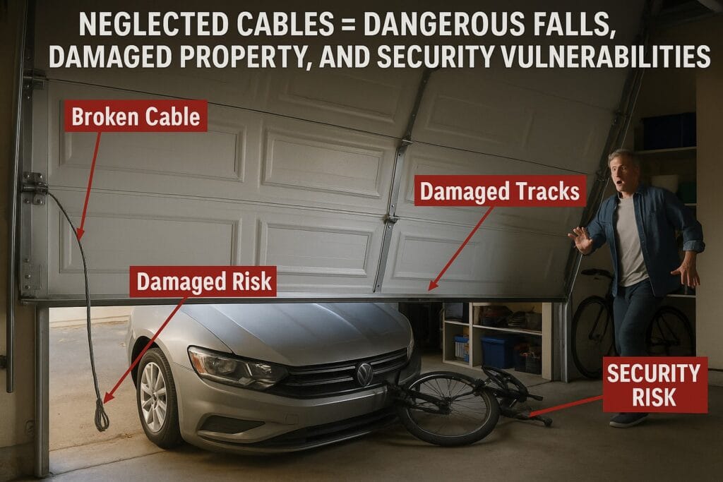 Why Rust Means You Need Garage Door Cable Replacement Soon 3 Broken garage door parts causing collapsed door, vehicle damage, and safety hazards from failed cables.