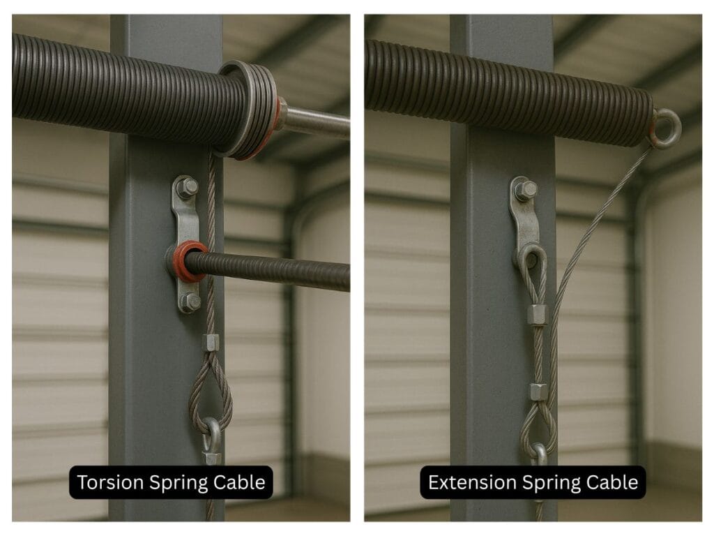 Garage Door Cable Replacement: A Homeowner's Guide to Understanding the Process 2 A side-by-side comparison of torsion spring cable and extension spring cable setups, illustrating their distinct roles in garage door cable replacement systems.