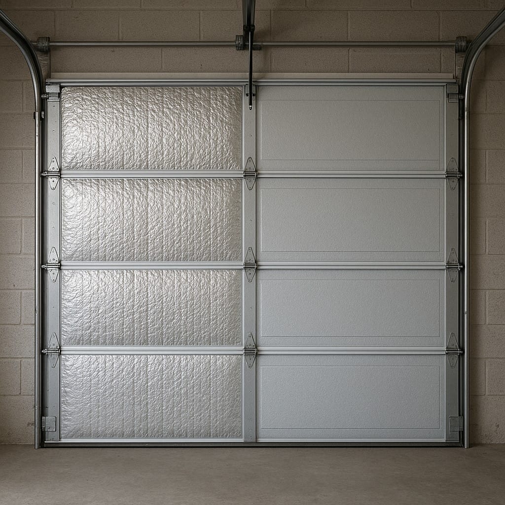 Choosing Between Automatic vs. Manual for Your New Garage Door 3 Interior view of a partially insulated new garage door, showing reflective thermal insulation applied to metal panels for improved energy efficiency.