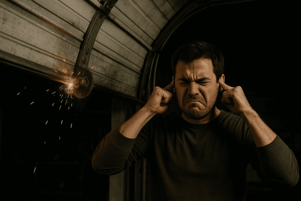 Plano, TX Garage Door Repairs: DIY vs. Professional Help 2 Man covering ears from sparks and loud noise caused by broken garage door roller, showing need for garage door repairs.