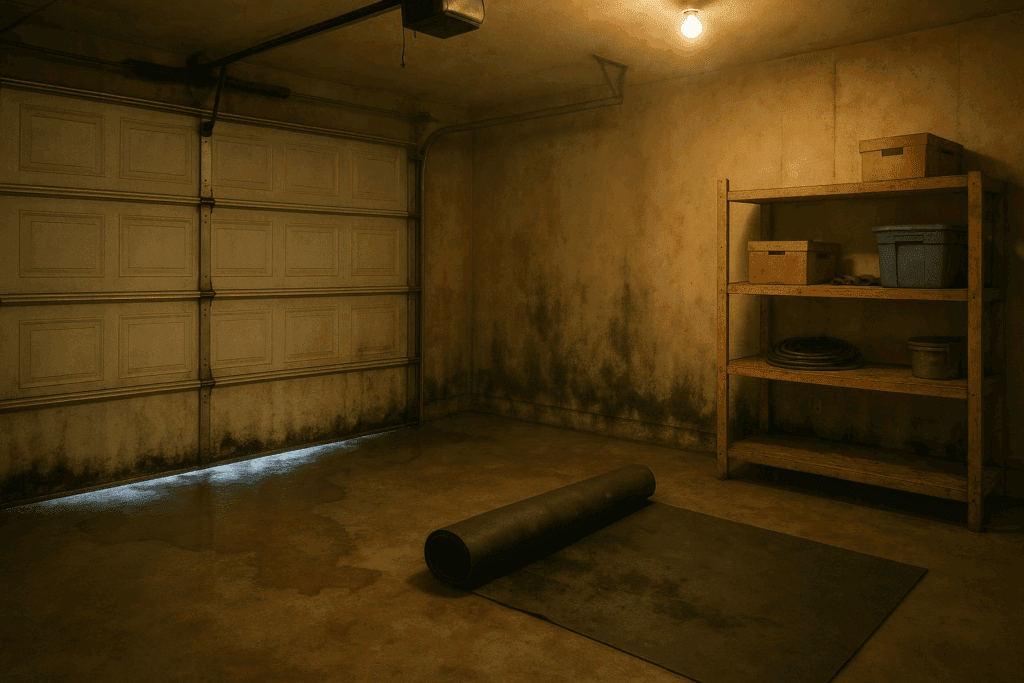 How Garage Door Weather Stripping Improves Comfort in Plano Homes 3 Damaged garage door weather stripping causing water leaks and mold growth inside garage.