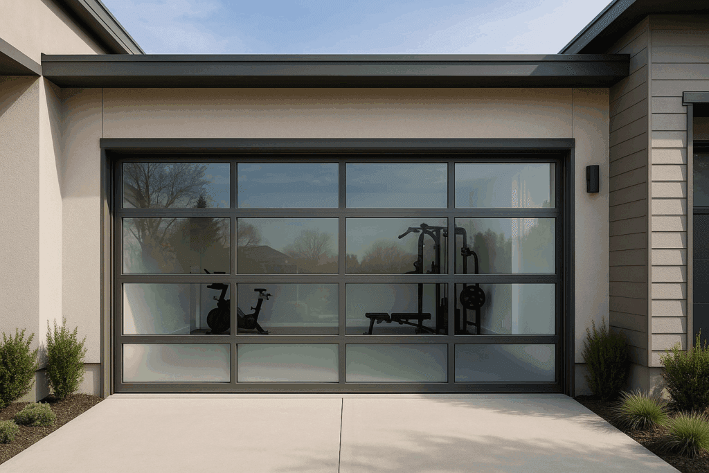 Home gym visible through sleek glass panel modern garage doors.