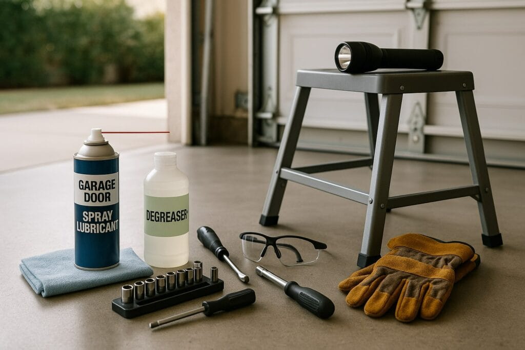 Plano, TX Garage Door Maintenance: Expert Services for Your Garage Doors 3 Essential tools and supplies arranged for garage door maintenance including lubricant, degreaser, gloves, and wrenches.