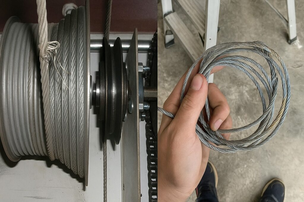 The Cost of Ignoring Garage Door Repairs: What Homeowners Should Know 2 Garage door repair close up of a frayed lift cable on the drum with replacement cable in hand.