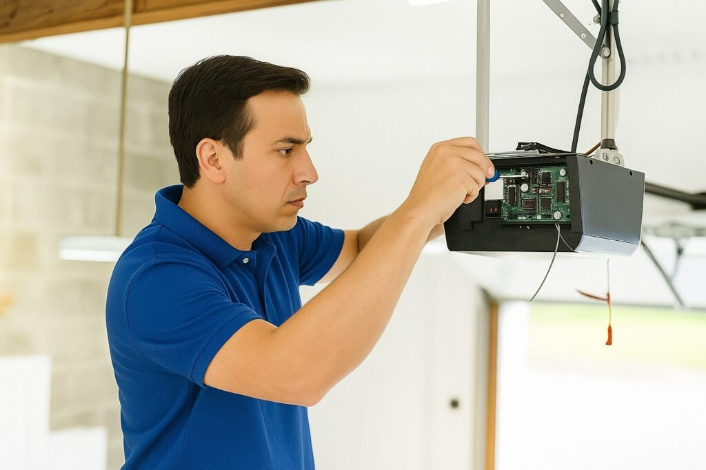 Technician performing a garage door tune-up by inspecting and adjusting the garage door opener’s motor unit and circuit board.