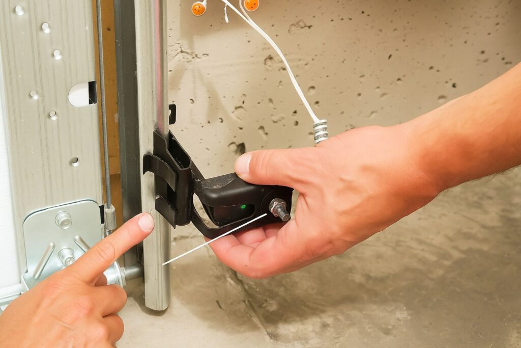 Technician adjusting a safety sensor during a garage door tune-up to ensure proper alignment and safe operation.