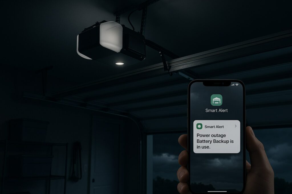 Smartphone displaying battery backup alert after garage door opener repair in a modern smart garage.