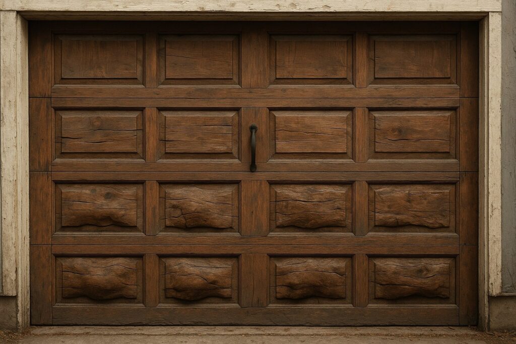 A closed wooden garage door with an aged, rustic design, shown as an alternative to modern automatic garage doors.