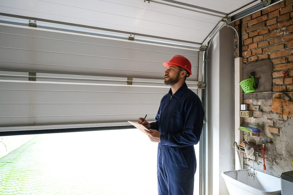 The Cost of Ignoring Garage Door Repairs: What Homeowners Should Know 3 Garage door repair technician inspecting an open garage door with a clipboard.