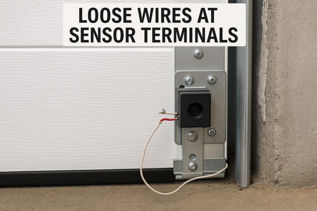 Advanced Garage Door Troubleshooting: When Basic Fixes Don’t Work 3 Garage door troubleshooting: close-up of loose safety sensor wires at the door track terminals.