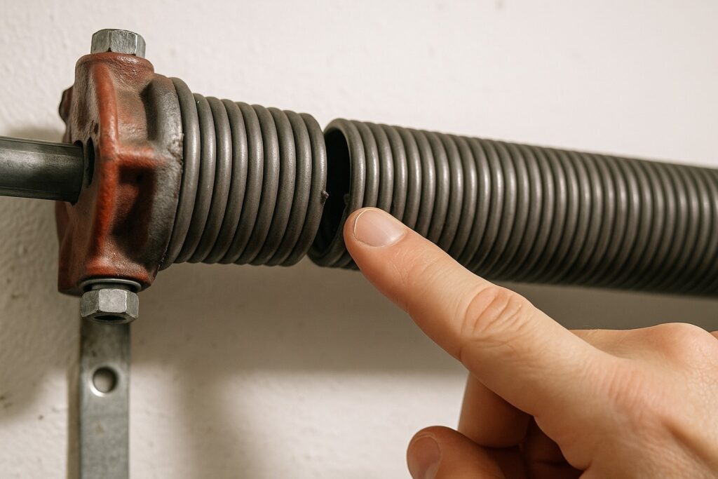 Advanced Garage Door Troubleshooting: When Basic Fixes Don’t Work 2 Garage door troubleshooting: close-up of a broken torsion spring with a hand pointing to the gap.