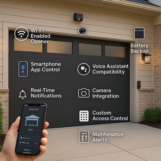 Smart Garage Door Integration New garage door installation featuring advanced security upgrades like encrypted remote access, smart locks, and built-in cameras, appealing to tech-savvy homebuyers seeking peace of mind.